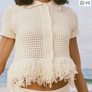 Zara Cream Women's Cropped Button Up Short Sleave Sweater With Fringe Details